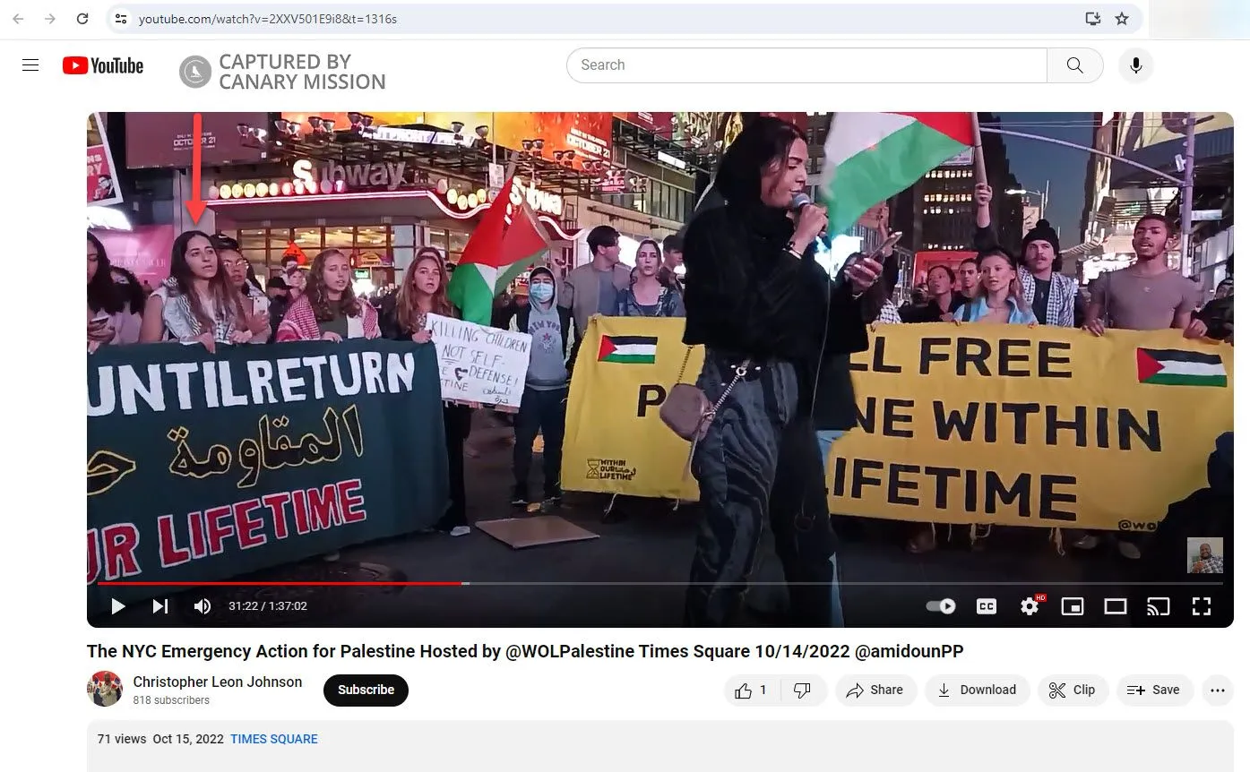 Alwan joins a WOL protest in Times Square promoting slogans like “Until Return” and “Free Palestine Within Our Lifetime.”